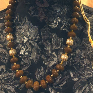 Gold Cord Necklace with Brown & Pearl Beads